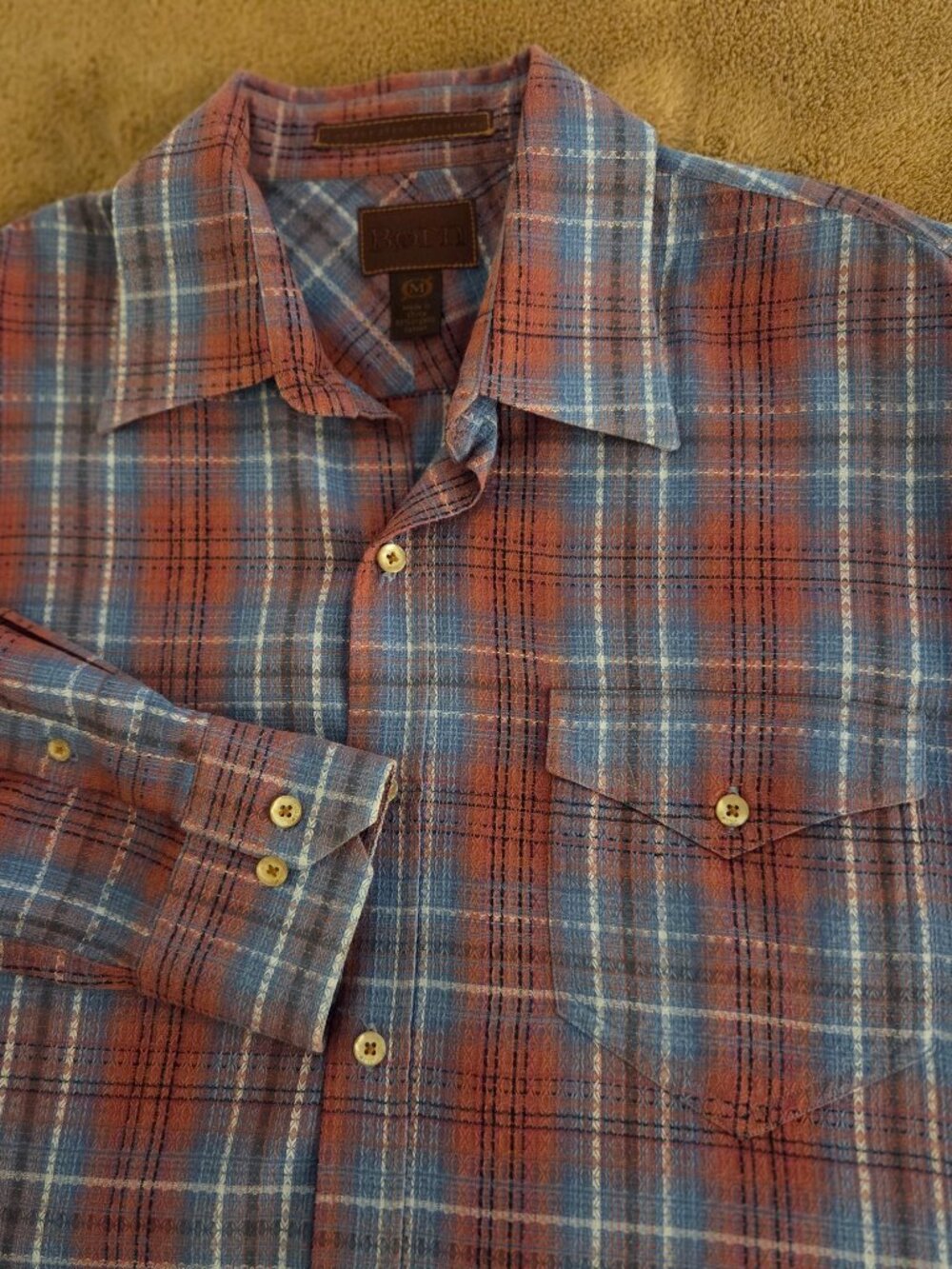 BORN Handcrafted Clothing Organic Cotton Flannel Plaid Shirt Sz M Blue Red FLAW